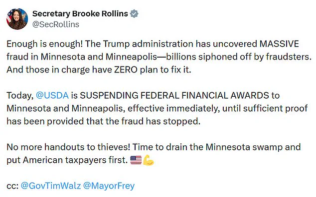Immediate Suspension of Minnesota Federal Funds by USDA Over Alleged Fraud, Trump Admin Claims 'Massive' Taxpayer Theft