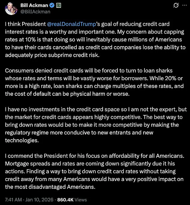 Bill Ackman Warns Trump's Credit Card Interest Rate Cap Proposal Could Harm Millions by Limiting Credit Access