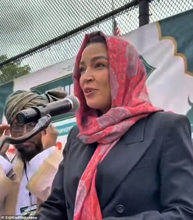 Video of AOC in hijab at Eid event sparks conservative backlash.